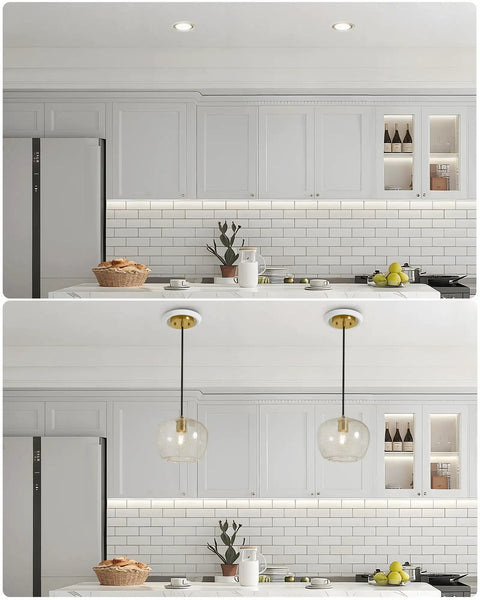 Recessed Can Light Conversion Kit For 5 Inch And 6 Inch Ceiling Fixtures With E26 Socket Plus White Round Ceiling Medallion Slick Pendant Hanging Light Upgrade Top Tier Room Refresh in kitchen with before and after views.