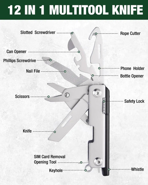 EDC 12 In 1 Multitool for Outdoors and Adventure Built Tough for Everyday Carry Ready with visible tools like knife and scissors