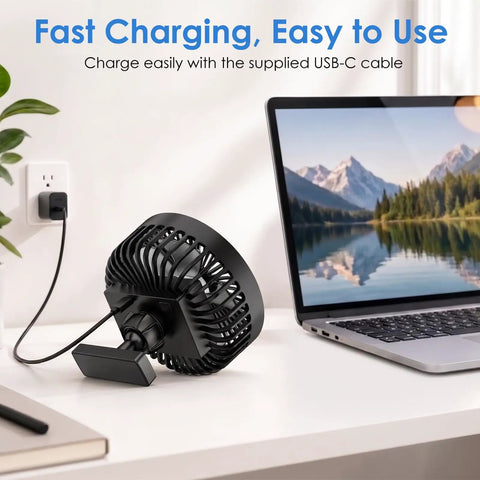 Magnetic Base Golf Cart Portable Fan charging via USB-C next to a laptop, demonstrating ease of use