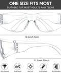 Clear lens safety glasses with dimensions, featuring 14.5cm width and 11.5cm arm length. 48 Pack Pro Grade Safety Glasses Bulk Eye Protection Goggles Clear And Black Tinted Lenses Anti Dust Impact Scratch Resistant Eyewear For Men Women Work Lab Construction Carpentry And Shooting.