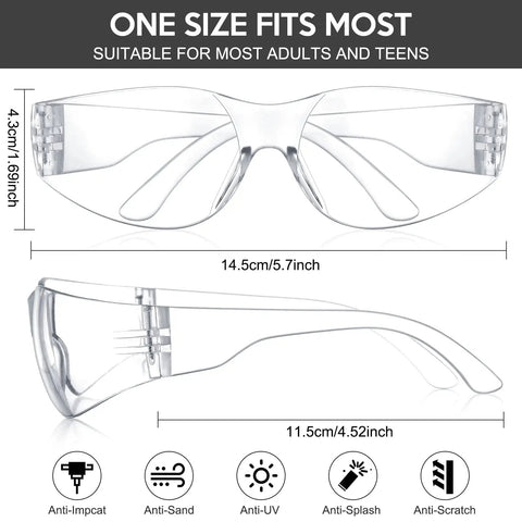 Clear lens safety glasses with dimensions, featuring 14.5cm width and 11.5cm arm length. 48 Pack Pro Grade Safety Glasses Bulk Eye Protection Goggles Clear And Black Tinted Lenses Anti Dust Impact Scratch Resistant Eyewear For Men Women Work Lab Construction Carpentry And Shooting.