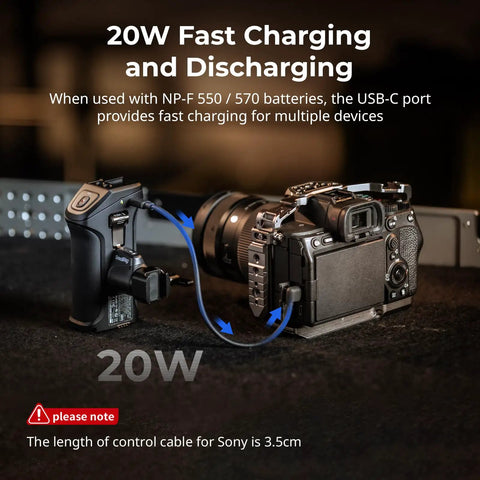 Rotating Side Handle With REC Trigger For Alpha Mirrorless Cameras connected to a camera with 20W charging via F550 battery