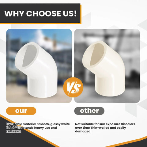 Comparison of 10 Pack 2 Inch 45 Degree PVC Elbow Pipe Fittings Socket To Socket, showing material and durability differences