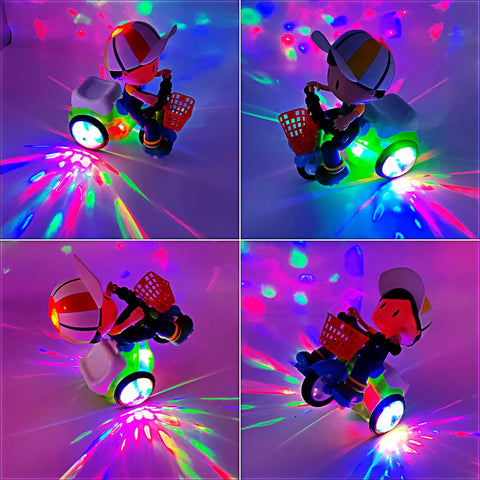 Electric Ride On Tricycle Toy For Baby And Toddler With Music And Luminous Lights For Stunt Performance Cartoon Motorcycle Vehicle Kiddo Friendly Gift For Boys Birthday, 360-spin view
