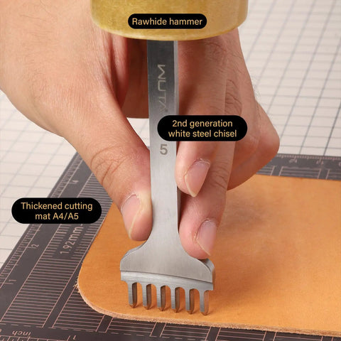 Using a 2nd generation white steel chisel from Leather Hole Punch Tool Set With Pricking Iron And Diamond Stitching Chisel on leather