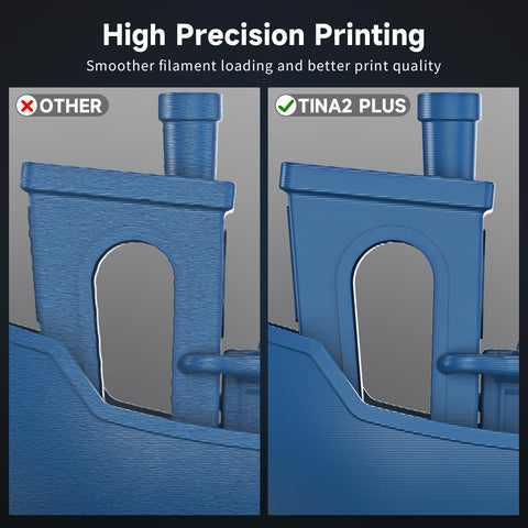 Comparison of high precision print quality with Tina2 Plus showing smoother layers vs other printer for precise 3D printing.