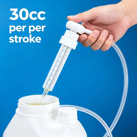 Heavy Duty 30Cc Hand Oil Transfer Pump For Gear Oil Differential Fluide And Antifreeze With Flexible Tubing Auto Fluid Kit in use, showing 30cc stroke capacity.