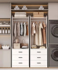 Spacious White Wardrobe Closet System With Three Deep Drawers And A Sturdy Hanging Rod To Keep Your Fits Shirts And Jeans Square While Giving Your Room A Clean Vibe And Making Daily Storage Super Easy Without Any Sweat, featuring clothes on hangers and drawer storage.