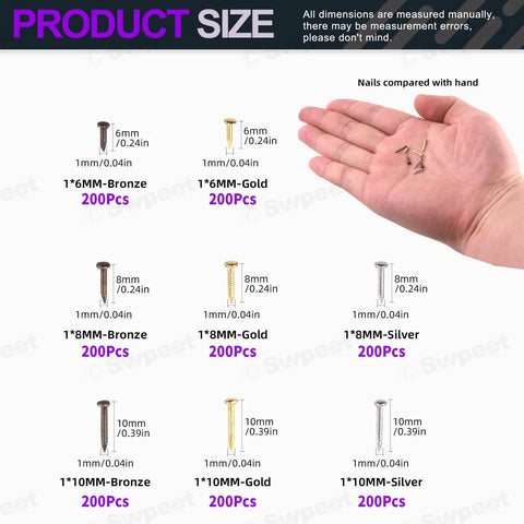 Top Tier 1600 Piece Mini Wood Screw And Nailing Assortment Kit With Premium Gold Silver Bronze Coatings In 6Mm 8Mm And 10Mm Lengths, sizes displayed in hand.