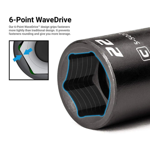 Close-up of 22mm socket of Three Eighth Inch Drive Shallow Impact Socket Set Metric 8 To 22 Mm Premium Chrome Molybdenum Steel.
