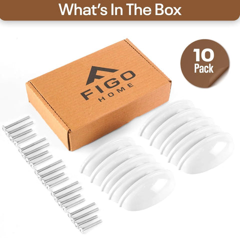White Cup Drawer Pulls 3 Inch, 10 Pack Cabinet Handles For Cabinets And Drawers, showing 10 white pulls, screws, and box packaging