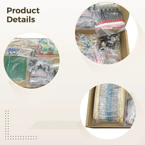 1900 Piece Electronic Component Kit For DIY Electronics Projects With Resistors Capacitors LEDs Transistors Diodes And PCB Boards All In One Bundle For Endless Prototyping And Learning product details showing organized components
