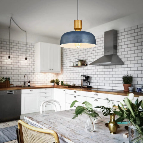 Lit Hammered Metal Pendant Light With Adjustable Height Modern Ceiling Hanging Fixture For Kitchen Island Faux Wood Top Iron Pendant Lamp Rustic Yet Sleek Lighting For Dining And Bar Areas in stylish kitchen