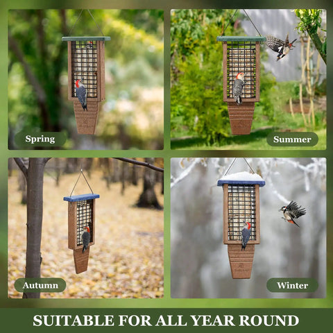 Double Capacity Tail Prop Suet Bird Feeder for Outdoor Hanging Made from Recycled Plastic Sturdy and Durable with Two Sided Wire Mesh Perfect for Woodpeckers and Clinging Birds Blue in seasonal settings