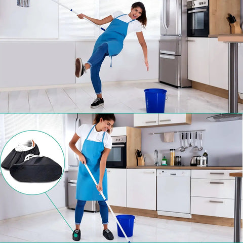 Person cleaning kitchen floor wearing 8 Pairs Non Slip Reusable Shoe Covers Waterproof Boot Covers With Elastic Band For Easy Fit And Secure Wear Protecting Household Floors And Carpets From Dirt And Dust Machine Washable Large.