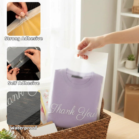 Person using Frosted 10x13 Poly Mailers 100 Pack With Built In Handle Self Seal Matte Finish Shipping Bags For Clothes