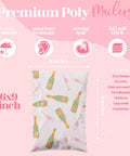 Designer Poly Mailers 6x9 Pink Champagne 100 Pack Heavy Duty Waterproof Self Seal Shipping Bags with champagne print design.