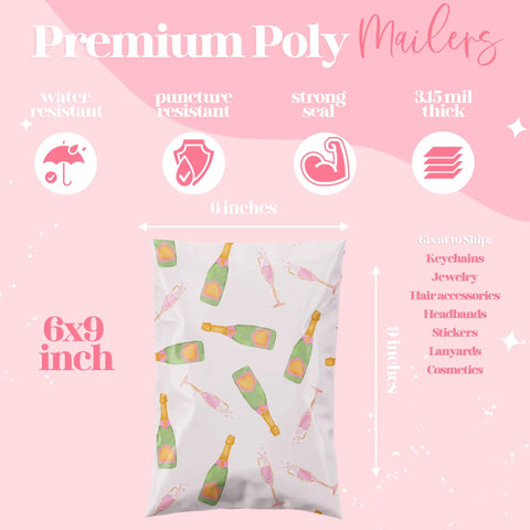Designer Poly Mailers 6x9 Pink Champagne 100 Pack Heavy Duty Waterproof Self Seal Shipping Bags with champagne print design.