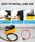 Installation steps for Air Hydraulic Foot Pump For Bead Breaker, 10,000 PSI Heavy Duty Auto Shop Tool, includes hose and fittings.