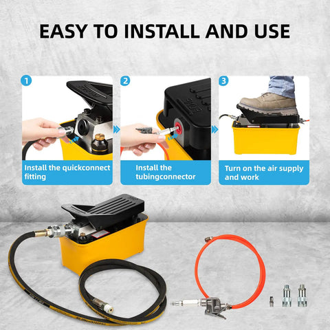 Installation steps for Air Hydraulic Foot Pump For Bead Breaker, 10,000 PSI Heavy Duty Auto Shop Tool, includes hose and fittings.