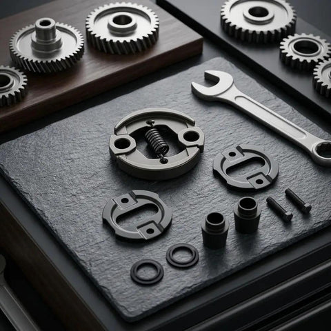 Complete Clutch Kit Set For Full Clutch Replacement With Precision Metal Construction Direct Fit For FS110 And FS130 Models Power Transfer Plug And Play Ready Components For Easy Installation And Lasting Performance. top view with gears, wrench, and clutch parts