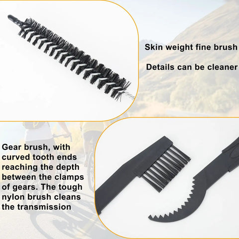 Close-up of brushes from the Six Piece Bike Chain Cleaner Kit with Three Brushes and Cleaning Tools for Mountain Bike Motorcycle and E Bike Rust Removal and Maintenance Durable Pro Grade Cleaning System for All Weather Riders and Everyday Trail Maintenance