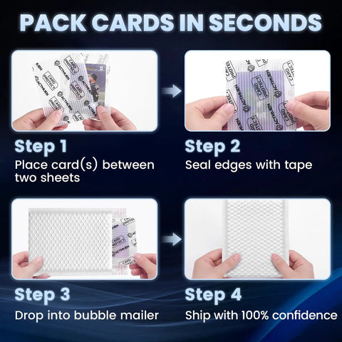 All In One Trading Card Shipping Kit With 200 Card Protectors, 100 Self Seal Bubble Mailers, 420 Card Sealing Stickers illustration