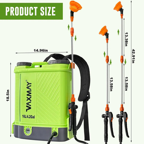4 Gallon Battery Powered Backpack Sprayer For The Yard With 100 PSI Electric Garden Sprayer That Plays Nice With Makita 18V Batteries, telescopic wand, five nozzles, green tank, and adjustable straps shown.