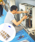 Technician working on AC unit with 180 Pieces M2.5 Brass Hex Standoff Screws And Nuts Kit With Stainless Steel Fasteners in toolbox inset