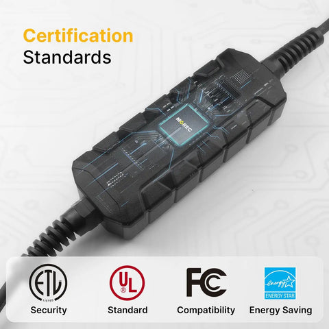 Level 2 EV Charger 220 240V 30A 7.2kW Home Charging Station Plug with ETL, UL, and FCC certifications highlighted