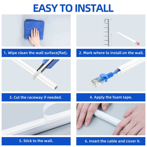 Installation steps for 128 Inch Cord Hider For One Cord Self Adhesive Cable Wire Cover On Wall White Plug And Play Easy Install