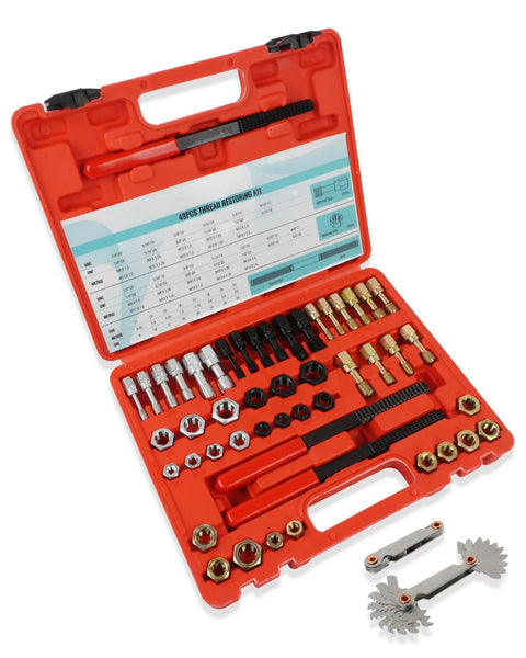 51 Piece Thread Repair Kit With Taps, Dies, Files And Gauges For UNC, UNF And Metric Threads in red case shown open