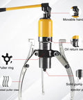 Shop Grade Manual Bearing Puller Kit With 5 Ton Hydraulic Strength, showing movable handle and solid pump body details.