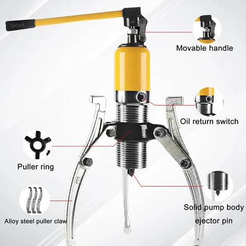 Shop Grade Manual Bearing Puller Kit With 5 Ton Hydraulic Strength, showing movable handle and solid pump body details.