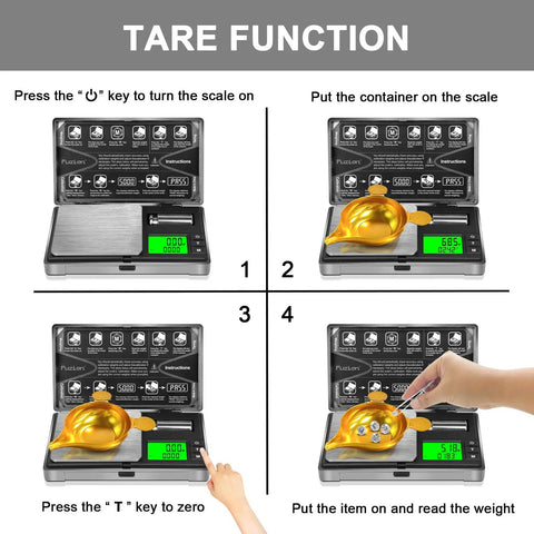 Pocket Digital Gram Scale 0.01g Precision With Upgraded LCD Display showing tare function with gold bowl and pellets
