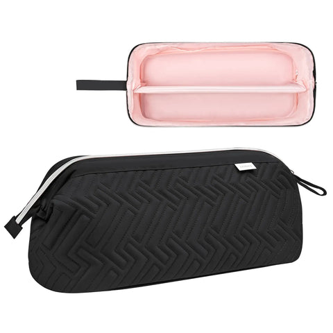 On The Go Travel Case For Shark Flexstyle And Dyson Airwrap Gear Waterproof Dustproof Hair Tools Organizer Bag Fits Supersonic Dryer And Flat Iron Black showcasing quilted black exterior and pink interior compartments.
