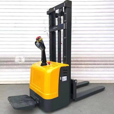 Heavy Duty Electric Warehouse Stacker And Powered Pallet Lifter For Smooth Material Handling In Industrial Warehouses, yellow and black design.