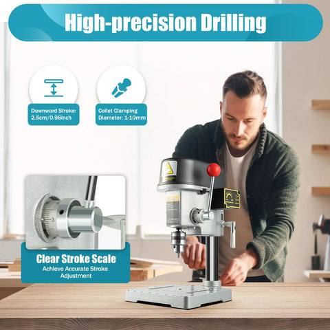 Rock Solid Heavy Duty Benchtop Drill Press Packing A Mighty 340W Motor And Three Adjustable Speeds For Pinpoint Wood And Metal Drilling Durable Cast Iron Tabletop Machine Built To Crush Projects In Your Weekend Garage with clear stroke scale adjustment.