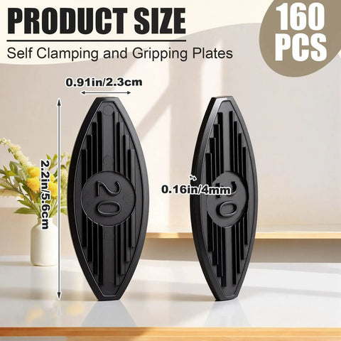 Set Of 160 Size 20 Black Plastic Biscuit Joiners With Self Clamping Gripping Plates, dimensions shown in inches and mm.