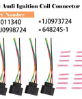 VW Ignition Coil Harness Connector Kit 4 Pack With 16 Heat Shrink Butt Connectors For VW Passat and Audi A4, part numbers shown