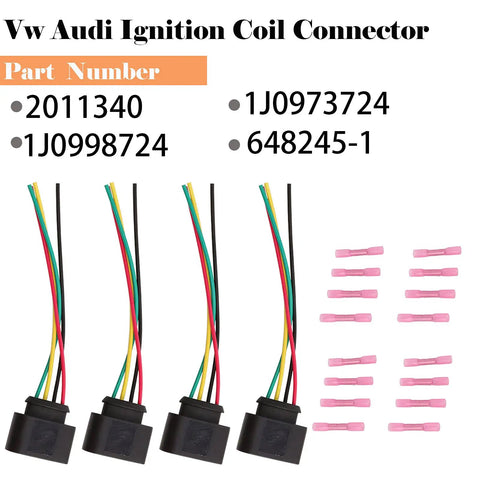 VW Ignition Coil Harness Connector Kit 4 Pack With 16 Heat Shrink Butt Connectors For VW Passat and Audi A4, part numbers shown