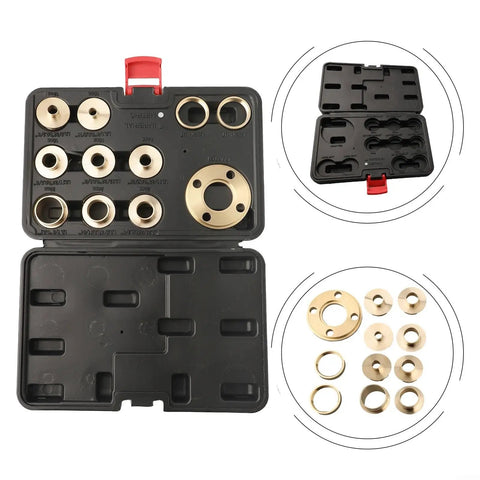 Killer Brass Router Guide Bushing Set Delivers Rock Solid Routing Precision For Dovetail Cutting and Hinge Mortising Includes Template Adapter Lock Nuts And Assorted Sizes For Slick Woodwork Projects in a black case.