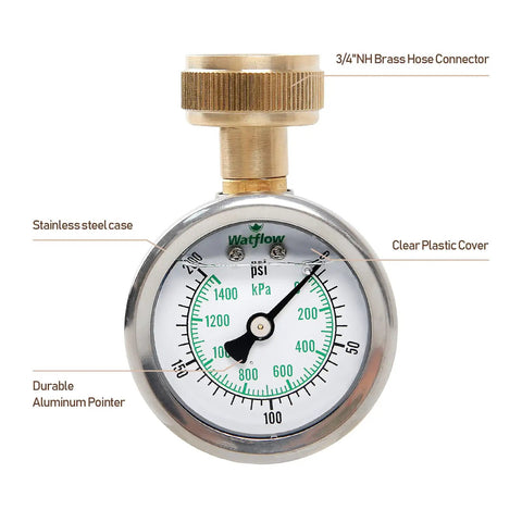 2 Inch Glycerin Filled Stainless Steel Water Pressure Gauge Built For Home And Garden Use, 3/4 Inch Female Hose Thread, 0-200 Psi And KPa, Rugged Garden Hose And Irrigation Test Gauge