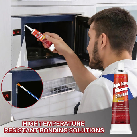 Man applying Heat Resistant High Temp Silicone Sealant for Ovens and Grills, Fast Curing Caulk for Fireplaces, 100ml Transparent.