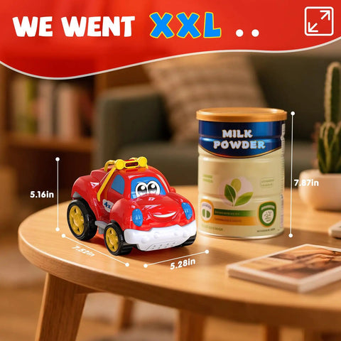 Tot Friendly Remote Control Car And Pickup Truck Toy For Kids Ages 2 To 4 on a table next to milk powder can, showcasing size.