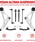 Beefed Up Front Lower Control Arm Suspension Kit For Nissan Altima 2014 To 2018 And 2013 Altima 4 Door 2016 To 2023 Maxima With Ball Joint Includes 2 Sway Bar Links 4 Outer And Inner Tie Rod Ends Direct OE Style Replacement silver control arms and tie rods
