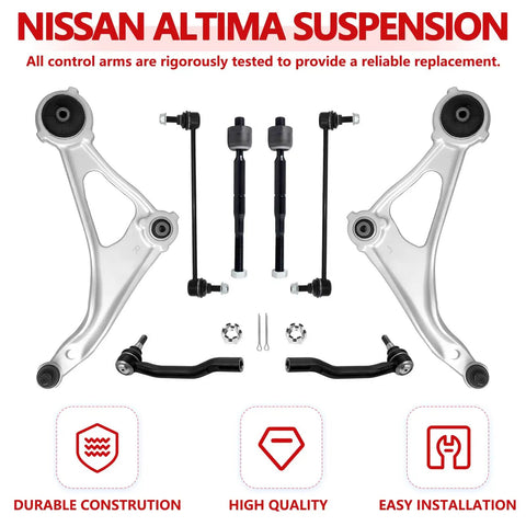 Beefed Up Front Lower Control Arm Suspension Kit For Nissan Altima 2014 To 2018 And 2013 Altima 4 Door 2016 To 2023 Maxima With Ball Joint Includes 2 Sway Bar Links 4 Outer And Inner Tie Rod Ends Direct OE Style Replacement silver control arms and tie rods