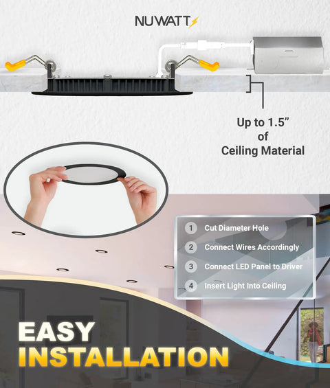 Diagram showing easy installation of 6 Pack 4 Inch Ultra Thin Black LED Recessed Lights With 5 Color Temperatures.