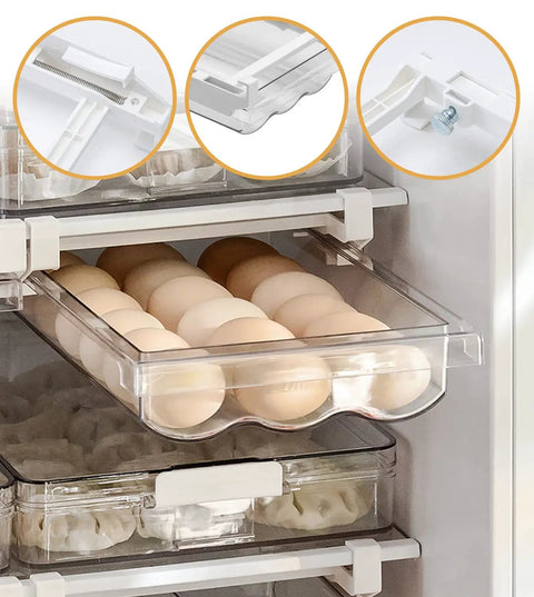 Adjustable Egg Tray For Refrigerator With Pull Out Drawer Design Food Grade PP Plastic Egg Organizer Bin, eggs inside fridge