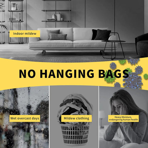 No hanging bags comparison with mildew and moisture warnings for 15 Pack Moisture Absorber And Odor Eliminator Hanging Bags For Closets And Home, Activated Charcoal And Calcium Chloride Dehumidifier, Eliminates Damp Musty Smell, Keeps Clothes Fresh, Charcoal Yellow.